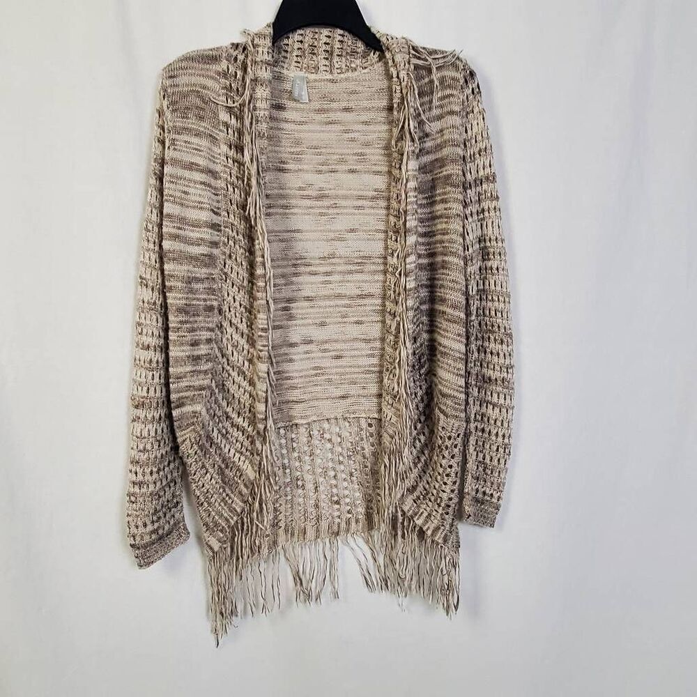 Vanity Women’s Medium Tan Knit Cardigan Fringe Hem Open Front Sweater USA Made